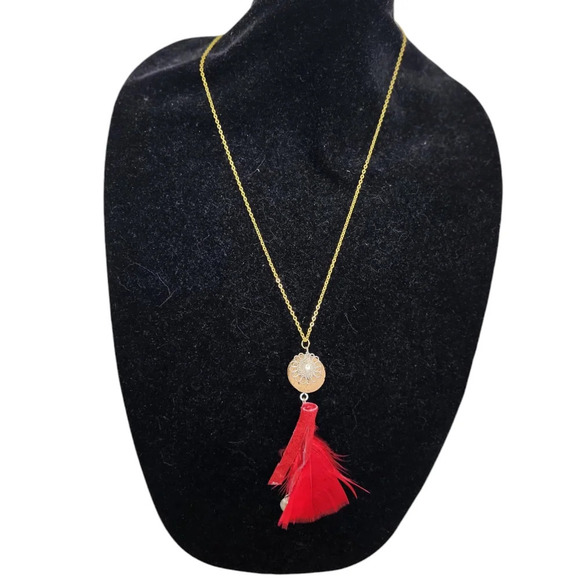 Handcrafted Wire Flower Heart Cork Red Suede Fringe Feather Necklace - Picture 4 of 4